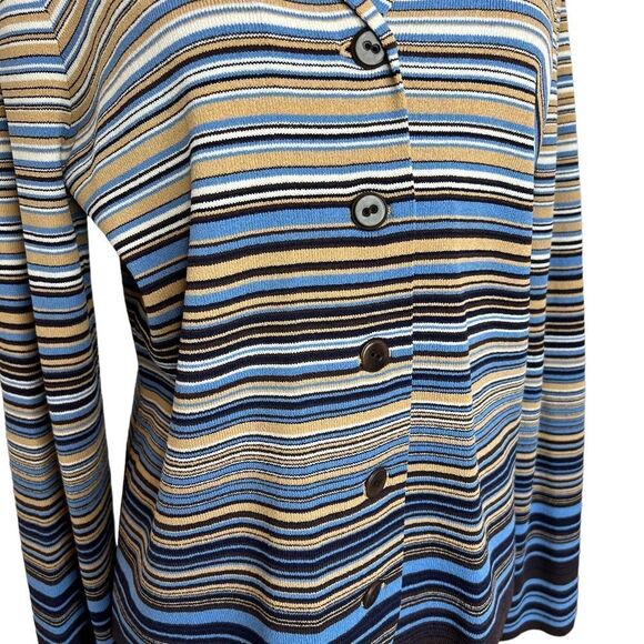 Vintage Jones New York Cardigan Sweater Button Front Size M Striped Blues Tan - Picture 5 of 10